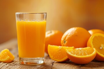 Glass of orange juice with oranges on a wooden table and sunlight.