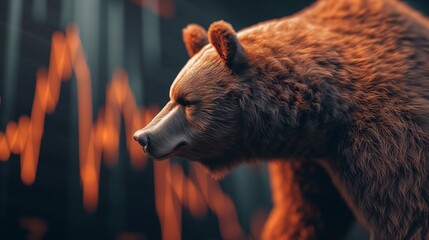 A close-up of a brown bear with a focused gaze set against the backdrop of a rising stock market graph, symbolizing market trends - obrazy, fototapety, plakaty