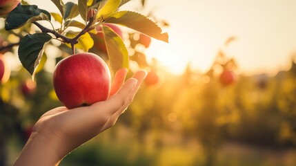 Woman's hand holding a red apple. picking apples in the garden - obrazy, fototapety, plakaty