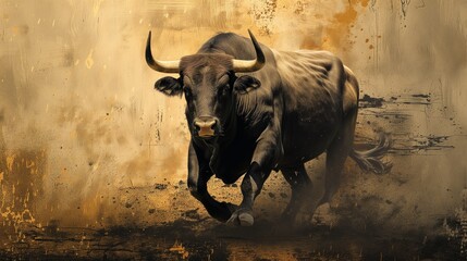 Intense portrait of a powerful bull charging, its figure set against a textured golden backdrop
