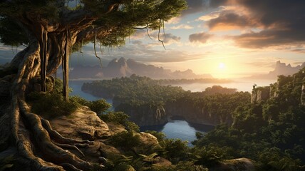 Fototapeta na wymiar Enchanting Dawn: A Spectacular Sunrise Unfolding Over a Lush Jungle Canopy, Perched in Nature's Embrace, a Breathtaking Tapestry of Colors and Serenity Revealed