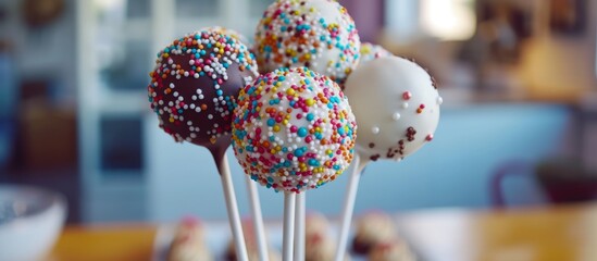 Cake pops with decorations are shown up close on a table in the kitchen.