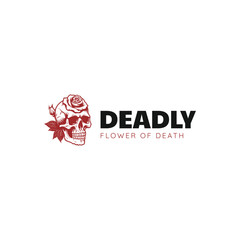 Hand drawn skull overgrown with flower plants,flower of death logo