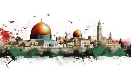 Obraz premium Muslim mosque dome Watercolor illustration, decorative ornaments celebrating Eid al Fitr and the month of Ramadan.