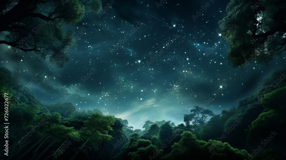 Poster a celestial jungle canopy: exploring the enchanting realm of trees reaching for the stars in nature'