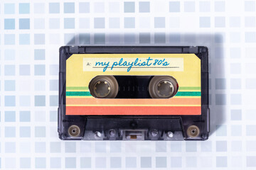 Top view of a cassette with the inscription my playlist on a music cassette.