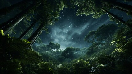 A Celestial Jungle Canopy: Exploring the Enchanting Realm of Trees Reaching for the Stars in...