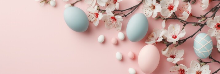 Elegant and sophisticated Easter web banner suitable for a high-end brand or service. Use a pastel color palette with subtle shades of pink, blue, and cream.