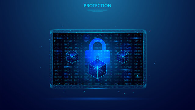 blockchain security technology and binary code on tablet screen. blue low poly style background.