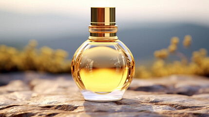 golden yellow small blank empty glass perfume bottle - obrazy, fototapety, plakaty