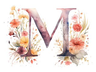 Nature  Illustration  of letter M monogram watercolor with wildflowers   fields on white