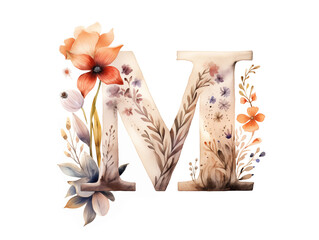 Simplistic watercolor illustration of letter M with cute wildflowers on white background