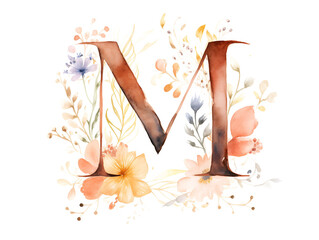 Cute fields  illustration  of letter M grunge watercolor with wildflowers   fields on white background