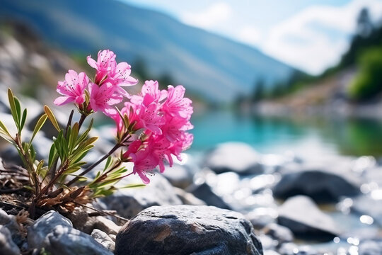 A beautiful view of a turquoise mountain lake with a blooming pink azalea flower in the foreground, flowering in the mountains, a place for text.	
