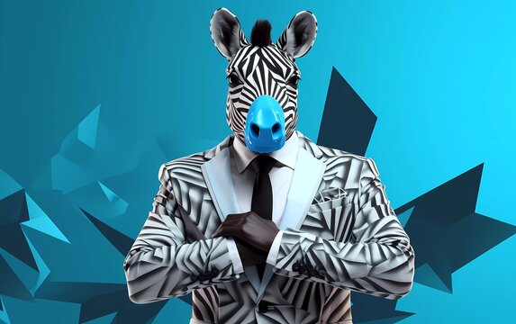 man folding hands career concept wearing vest mask polygonal zebra isolated blue background. generative ai