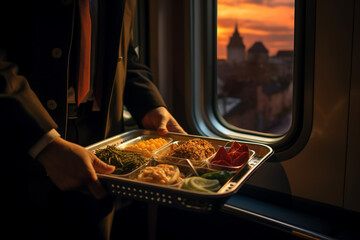 serving food on the train, the conductor holds a tray with food and snacks