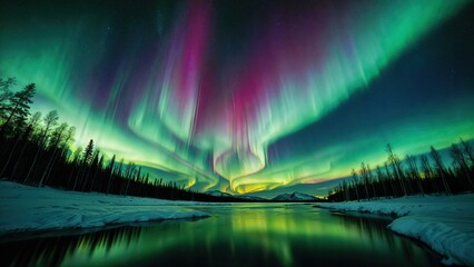 A river flows through a snowy forest, reflecting the colorful Northern Lights above. - obrazy, fototapety, plakaty