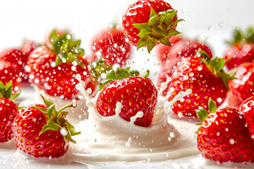 Strawberries fall into cream, yogurt, milk with a splash. Close up of white splatters and berries. Generative AI