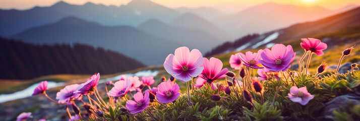 highlands, bright pink flowers on a mountain landscape background, banner - obrazy, fototapety, plakaty