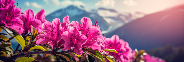 highlands, bright pink azalea flower on the background of a mountain landscape with snowy peaks, banner