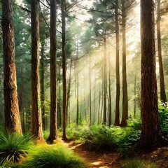 dreamy forest with lush greenery and pine tree with sun peaking through the trees