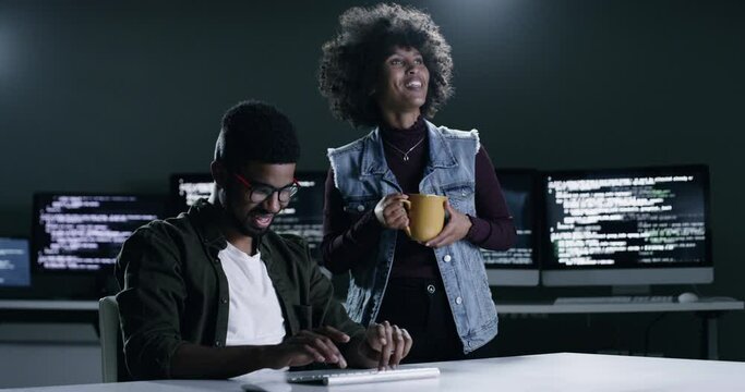 Cyber security, virtual screen and people coding software development, cloud computing system or website code. Collaboration, developer and night coder typing, teamwork or smile for database project