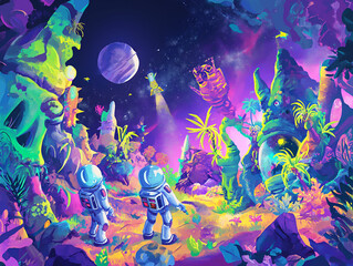 Obraz na płótnie Canvas Astronauts Trekking on a Fantastical Alien Planet