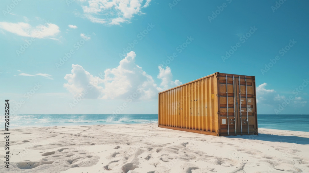 Poster a shipping container stands alone on a deserted beach representing the impact of container shortages