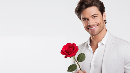 Valentine's Day Attractive Man Holding a Red Rose