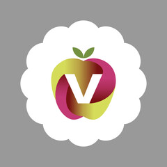 The logo is an illustration of an apple in the middle forming the letter V. Three-dimensional
