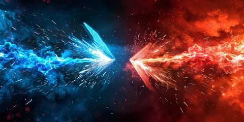 Foto op Plexiglas Illustration Abstract Electric Flame Lightning. Concept For Battle, Confrontation Or Fight, red versus blue competition concept © YuDwi Studio