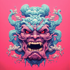 A depiction of a demonic face mask rooted in Japanese culture, symbolizing traditional beliefs and folklore, blending elements of mysticism and spirituality, Created using generative AI tools