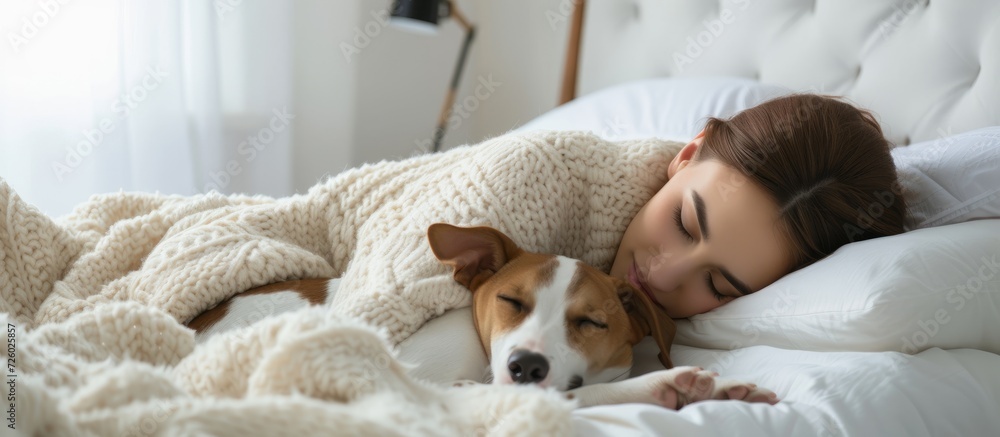 Sticker A young woman peacefully rests in a tidy and white bedroom, accompanied by her adorable friend--a basenji puppy asleep by her side.