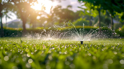 Sprinkler irrigating lush lawn at sunrise, droplets sparkling in morning light