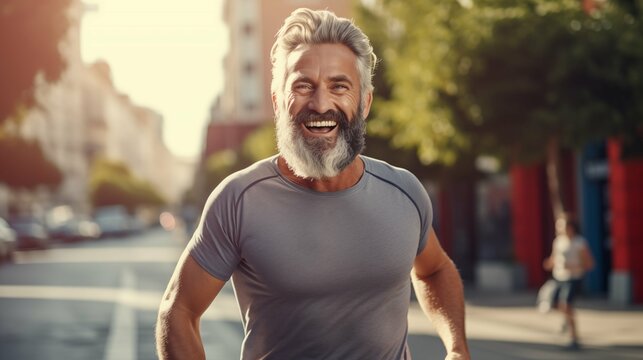 Happy smiling bearded 70 year old man running on the street