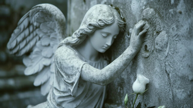 An angel with a haunted expression leaning against a gravestone with a weathered hand extended towards a single dying flower.