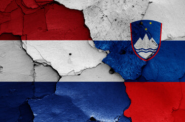 flags of Netherlands and Slovenia painted on cracked wall