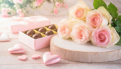 Bouquet de roses et boite de chocolats, image romantique de Saint Valentin ou de mariage, fête des mères,  avec des couleurs pastel. - obrazy, fototapety, plakaty