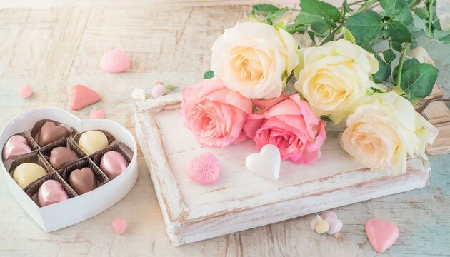 Bouquet de roses et boite de chocolats, image romantique de Saint Valentin ou de mariage, fête des mères,  avec des couleurs pastel.