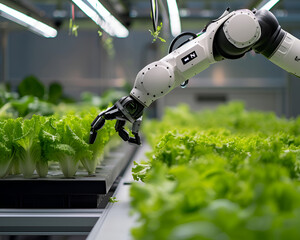 Robotic arm tending to indoor lettuce farm with precision agriculture technology