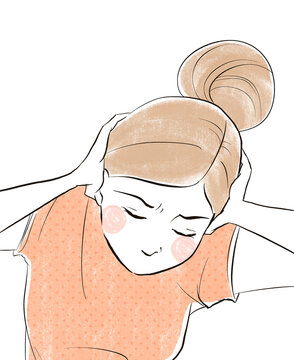 Clip art: woman in pink shirt holding her head and covering her ears