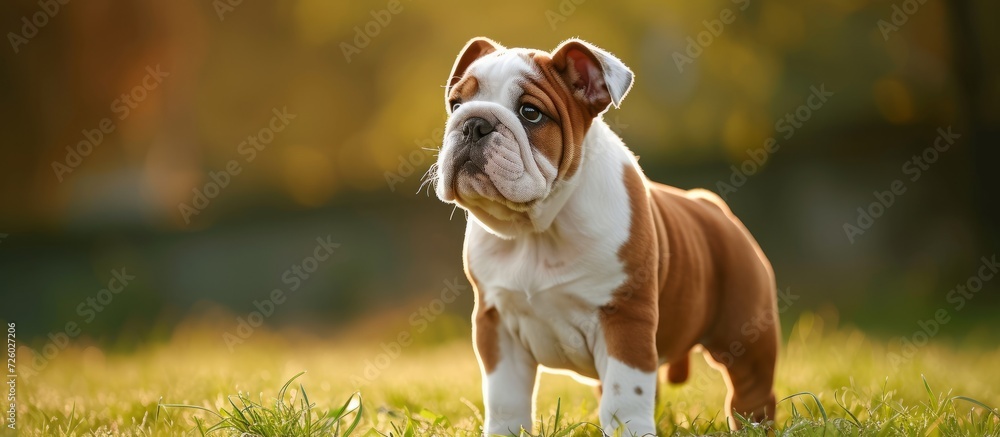 Poster A young English Bulldog, standing on the lawn with closed eyes, appears beautiful and stubborn.