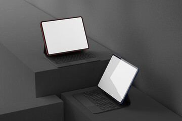 3d render tablet mockup with keyboard and dark scene