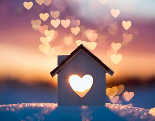 Miniature house with heart shape window on sunset background. Sweet home concept. Family warmth, love and protection - obrazy, fototapety, plakaty