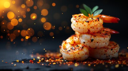 Delicious grilled shrimp with spices and a blurred black background. 
