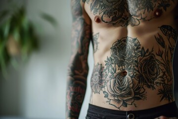 Close-up of the stomach of a muscular athletic man with a modeling and fitness body. male Full body tattoo that has flower tattoos, chest and belly abs athlete boy, AI Generated.