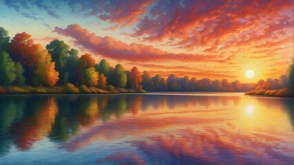 A sunrise reflected in a lake, captured in colorful pencil sketch