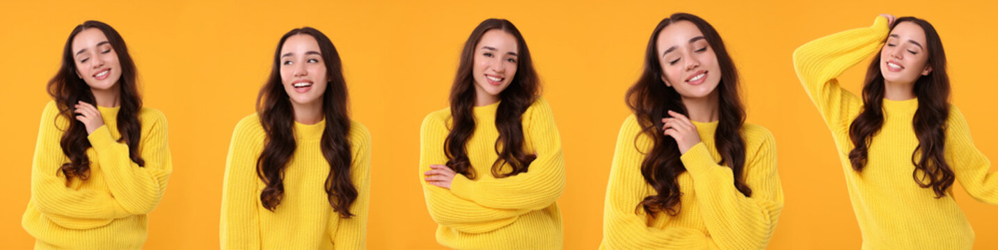 Happy woman in yellow sweater on orange background, set of photos