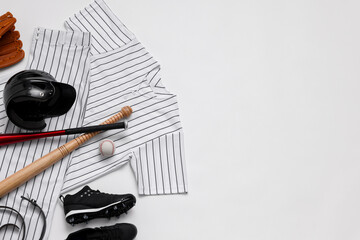 Baseball uniform and other sports equipment on white background, flat lay. Space for text