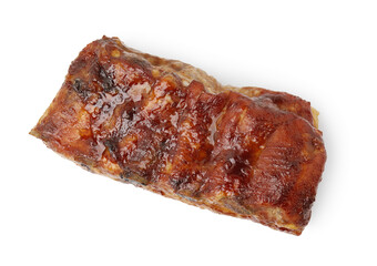 Tasty roasted pork ribs isolated on white, top view